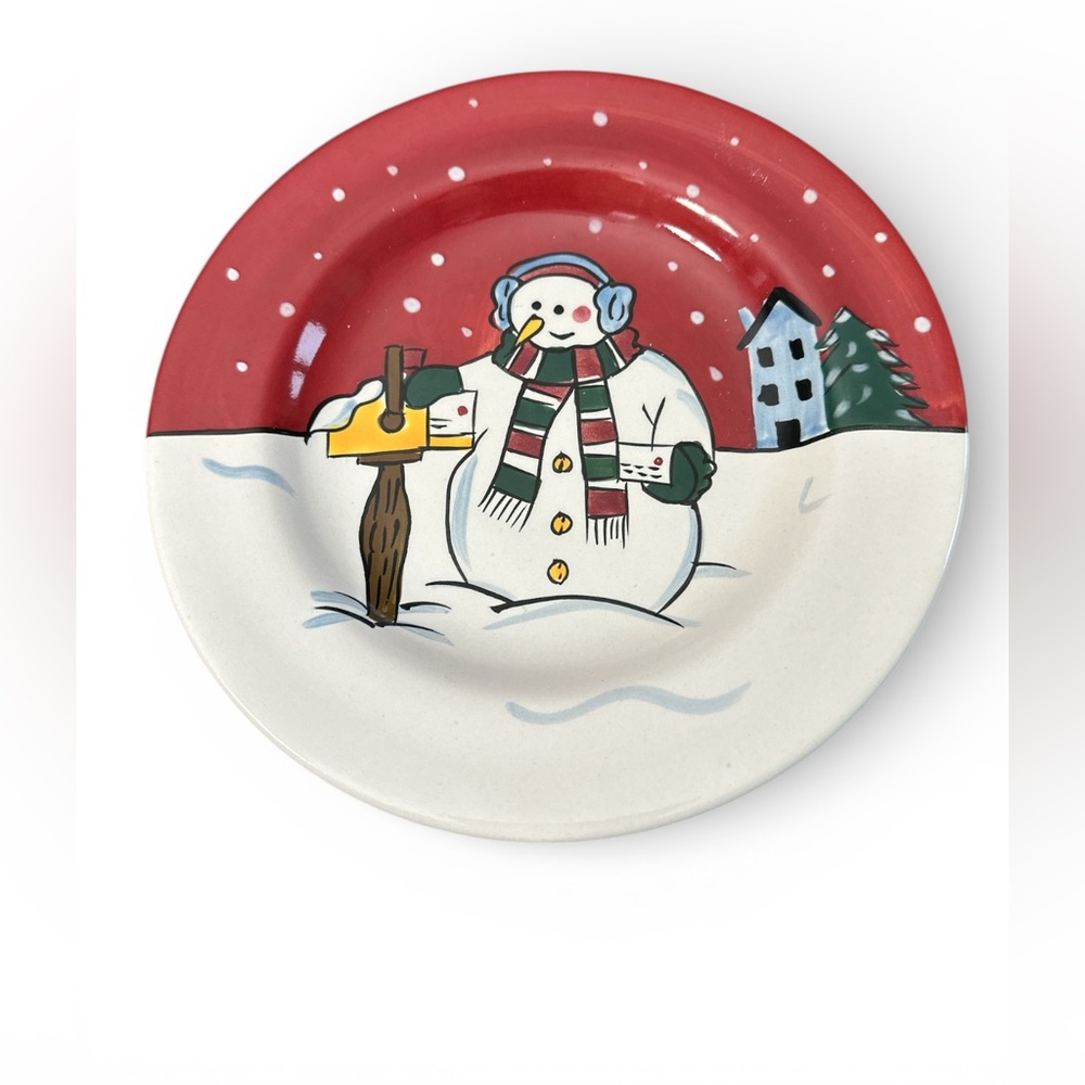 Snow Creek Hand Painted Snowman Plate‎ - Red and White
